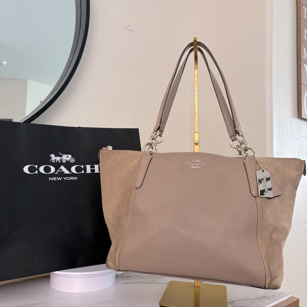 Coach‎ Ava Tote in Suede Exotic Trim Taupe Leather Tote Bag F36123